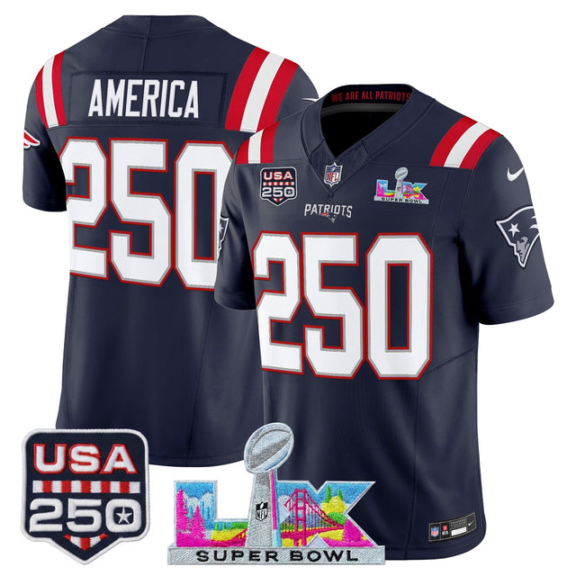 Men's New England Patriots Super Bowl LX & United States 250th Anniversary Patch Vapor Limited Jersey - All Stitched - Navy - #250 America — view 1