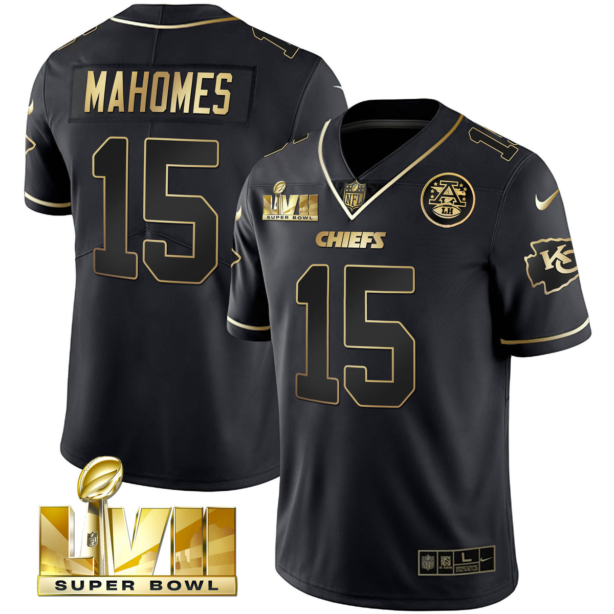 Youth's Chiefs Super Bowl Vapor Gold Jersey - All Stitched - Black Gold - Patrick Mahomes — view 1