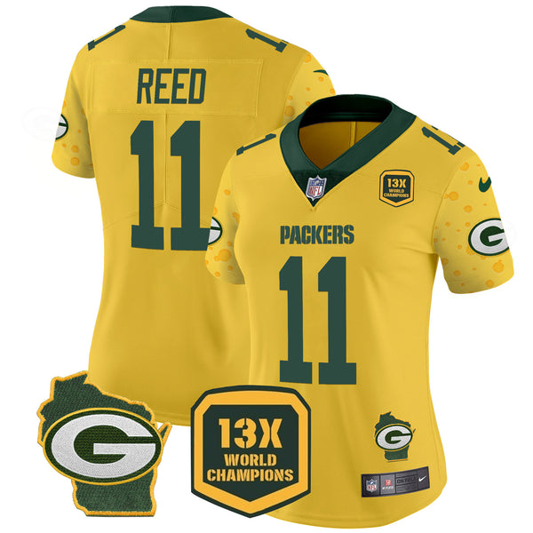 Women's Packers Cheese Vapor Limited Jersey – All Stitched - Gold - Jayden Reed — view 1