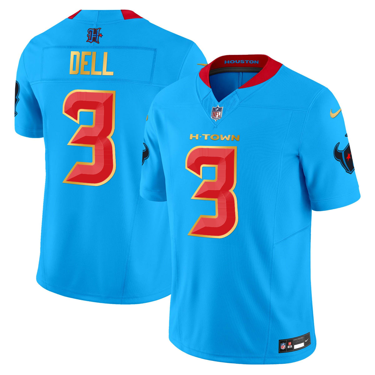 Men's Houston Texans 2024 Gold Trim Vapor Limited Jersey - All Stitched - Blue - Tank Dell — view 1