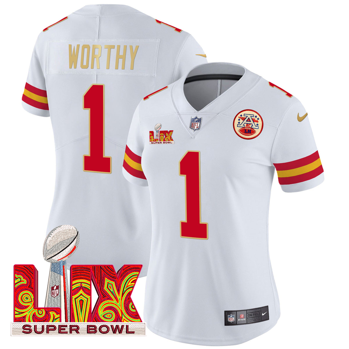 Women's Chiefs Super Bowl LIX Patch Gold Trim Vapor Limited Jersey - All Stitched - White - Xavier Worthy — view 1