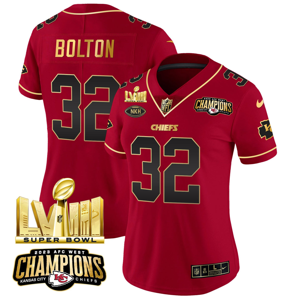 Women's Chiefs AFC West Champions & Super Bowl LVIII Gold Patch Vapor Jersey - All Stitched - Red Special - Nick Bolton — view 1