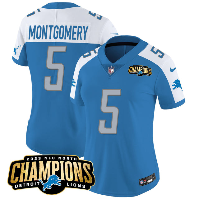 Women's Detroit Lions 2023 NFC North Champions Patch Vapor Jersey - All Stitched - Blue Alternate - David Montgomery — view 1