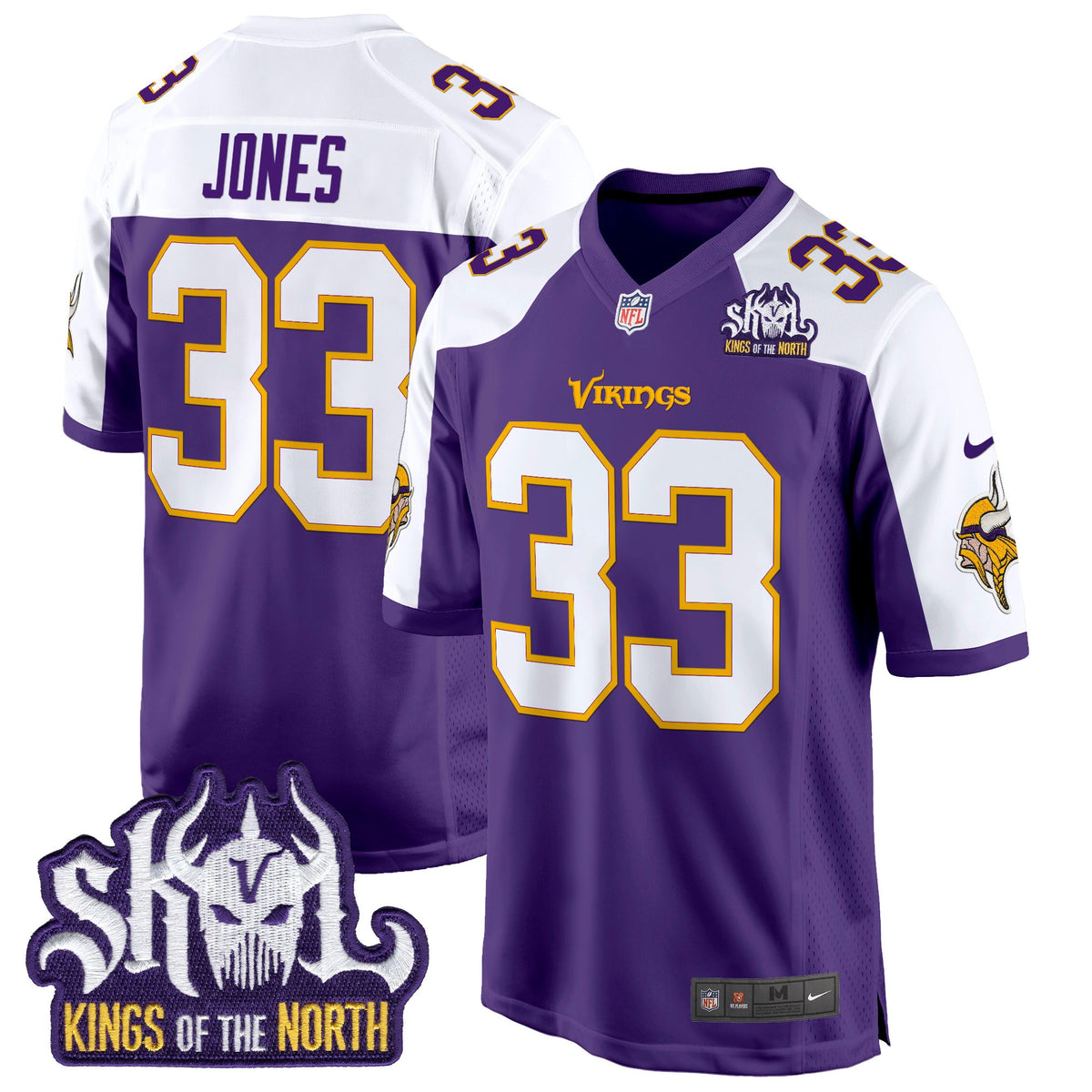 Men's Minnesota Vikings King Of The North Patch Throwback Game Jersey - All Stitched - Purple Alternate - Aaron Jones — view 1