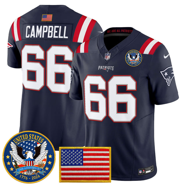 Men's New England Patriots United States 250th Anniversary Patch Vapor Limited Jersey - All Stitched - Navy - Will Campbell — view 1