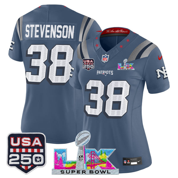 Women's New England Patriots Super Bowl LX & United States 250th Anniversary Patch Vapor Limited ~63b3501f - Storm Blue - Rhamondre Stevenson — view 1