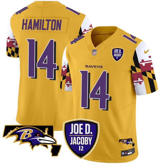 Men's Ravens Joe D & Jacoby Patch Vapor Limited Jersey V2 - All Stitched - Gold - Kyle Hamilton — view 1