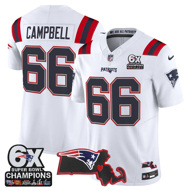 Men's New England Patriots 6-Time Champions & Massachusetts Patch Vapor Limited Jersey - All Stitched - White - Will Campbell — view 1