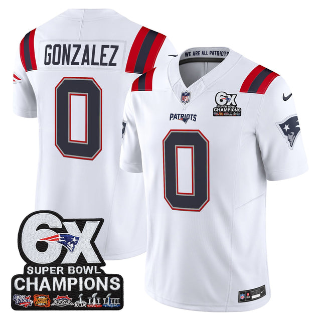 Men's New England Patriots 6-Time Champions Patch Vapor Limited Jersey - All Stitched - White - Christian Gonzalez — view 1