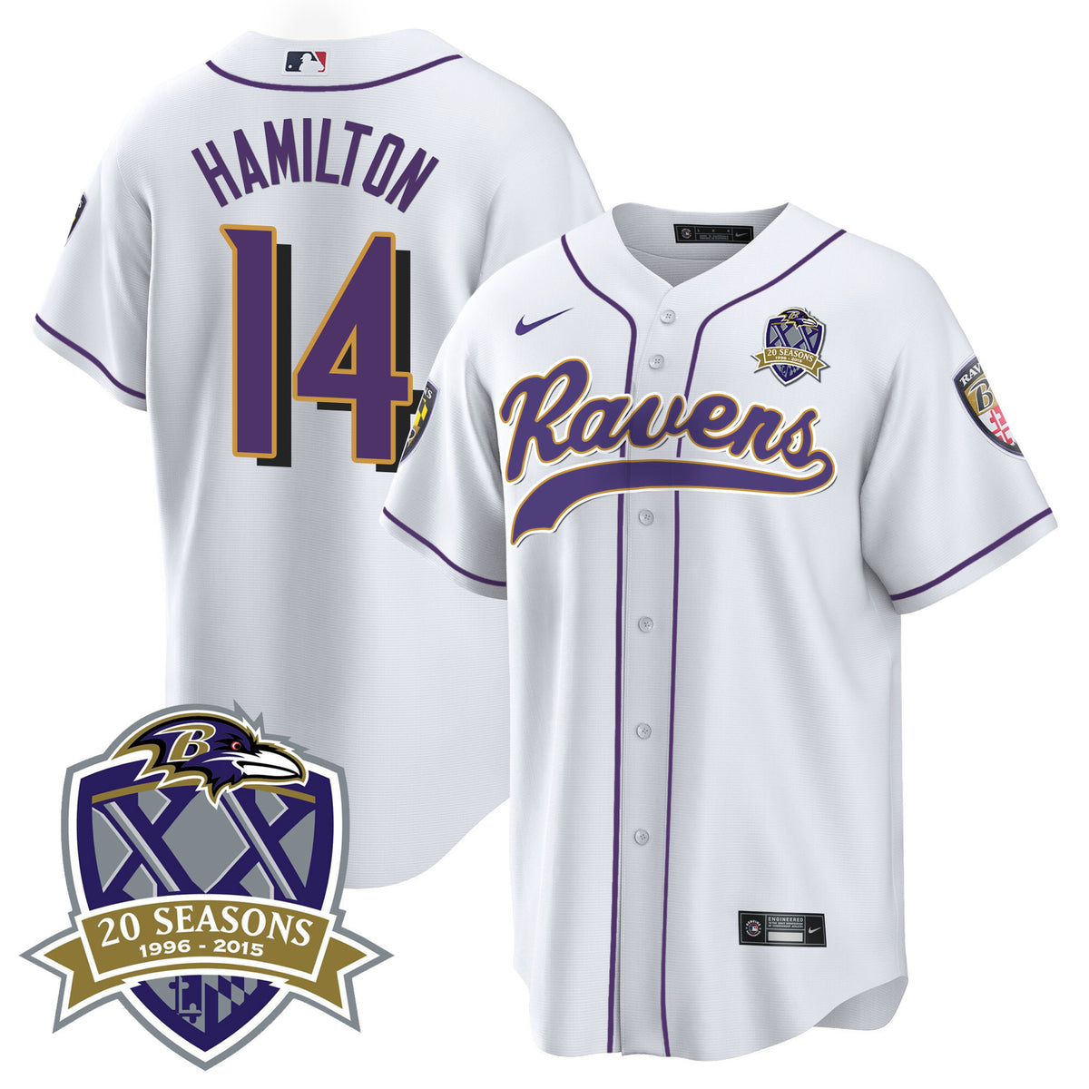 Men's Ravens 20th Season Patch Baseball Jersey - All Stitched - White - Kyle Hamilton — view 1