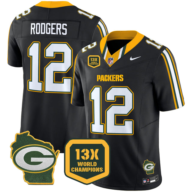 Men's Packers 13 Time World Champions & Home Patch Vapor Limited Jersey – All Stitched - Black - Aaron Rodgers — view 1
