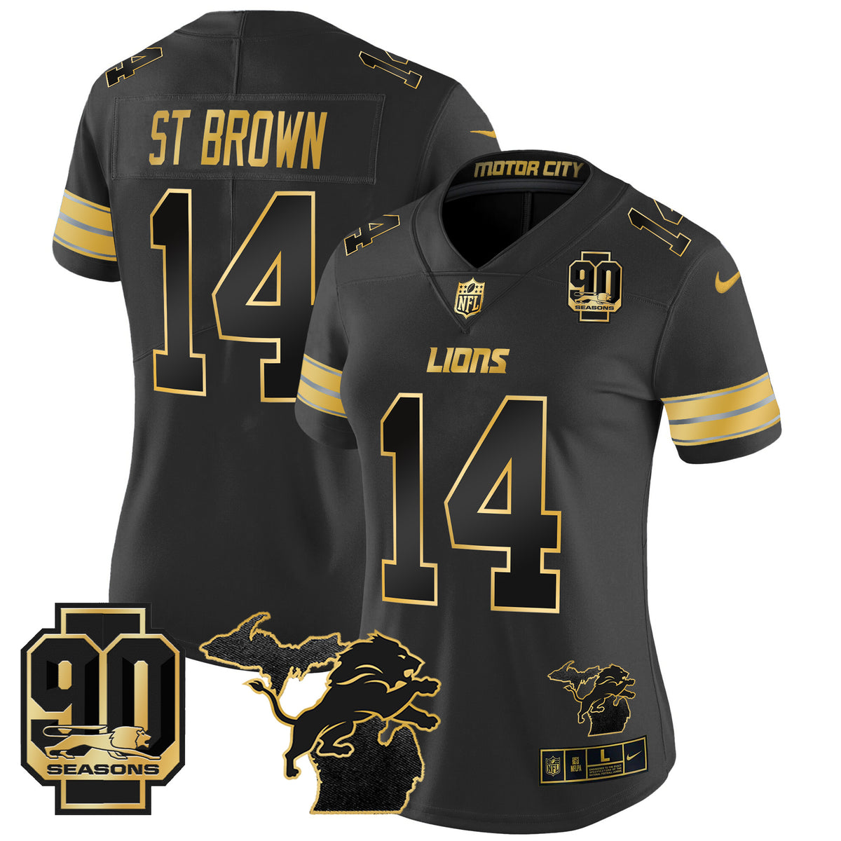 Women's Detroit Lions 2024 Michigan & 90th Year Patch Gold Vapor Limited Jersey - All Stitched - Black Gold - St. Brown — view 1