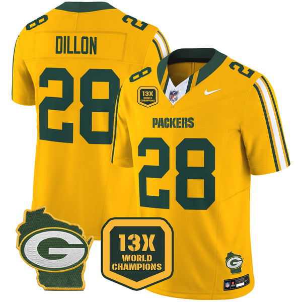 Men's Packers 13 Time World Champions & Home Patch Vapor Limited Jersey – All Stitched - Gold - AJ Dillon — view 1