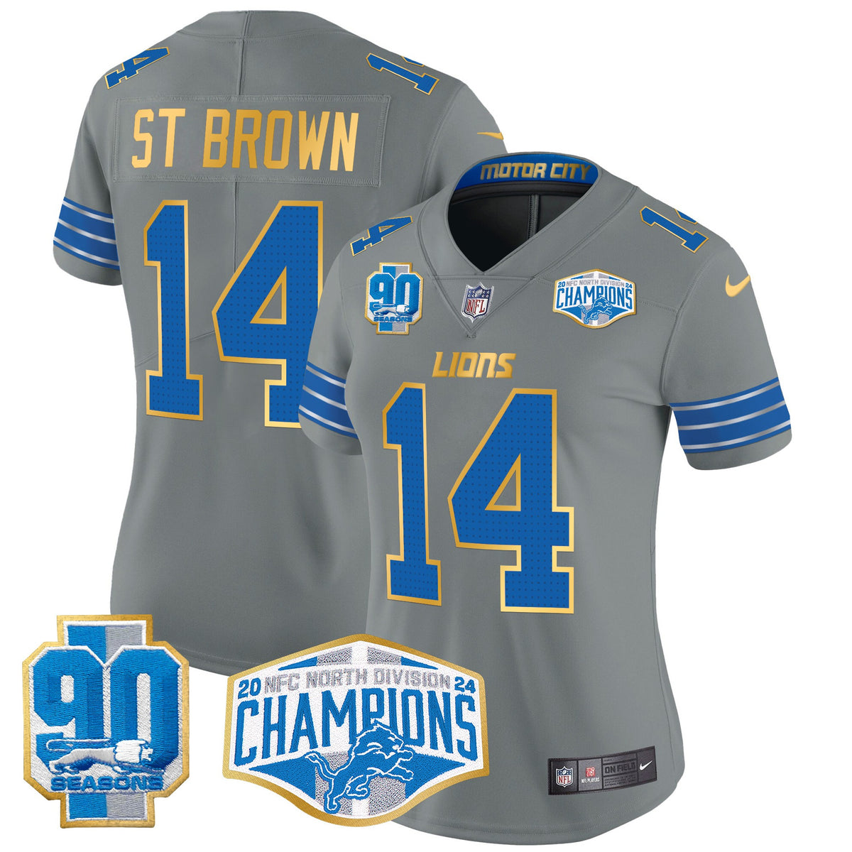Women's Detroit Lions 2024 NFC North Division Champions Patch Gold Trim Vapor Limited Jersey - All Stitched - Gray - St. Brown — view 1