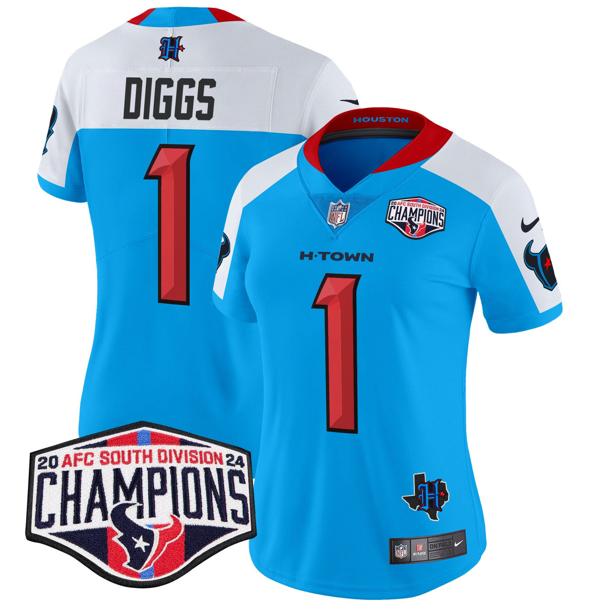 Women's Houston Texans 2024 AFC South Division Champions Patch Vapor Limited Jersey - All Stitched - Blue Alternate - Stefon Diggs — view 1