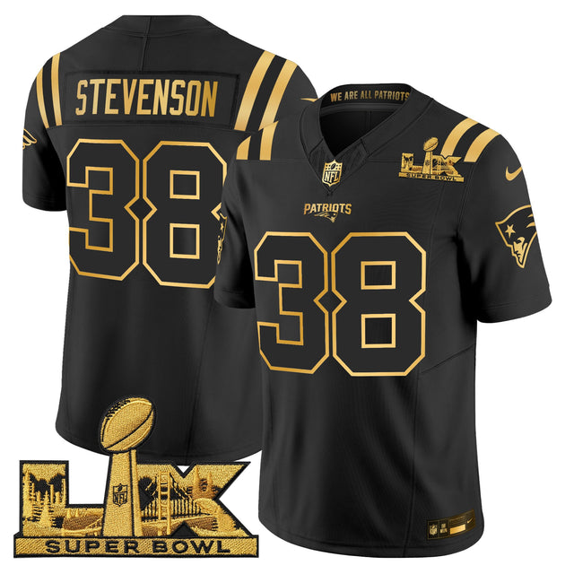 Men's New England Patriots Super Bowl LX Gold Vapor Limited Jersey - All Stitched - Black Gold - Rhamondre Stevenson — view 1