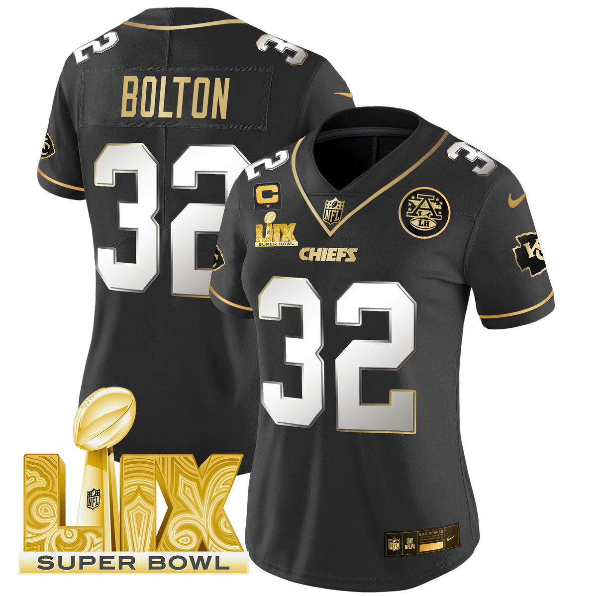 Women's Chiefs Super Bowl LIX Patch Gold Vapor Limited Jersey - All Stitched - Black Limited - Nick Bolton — view 1