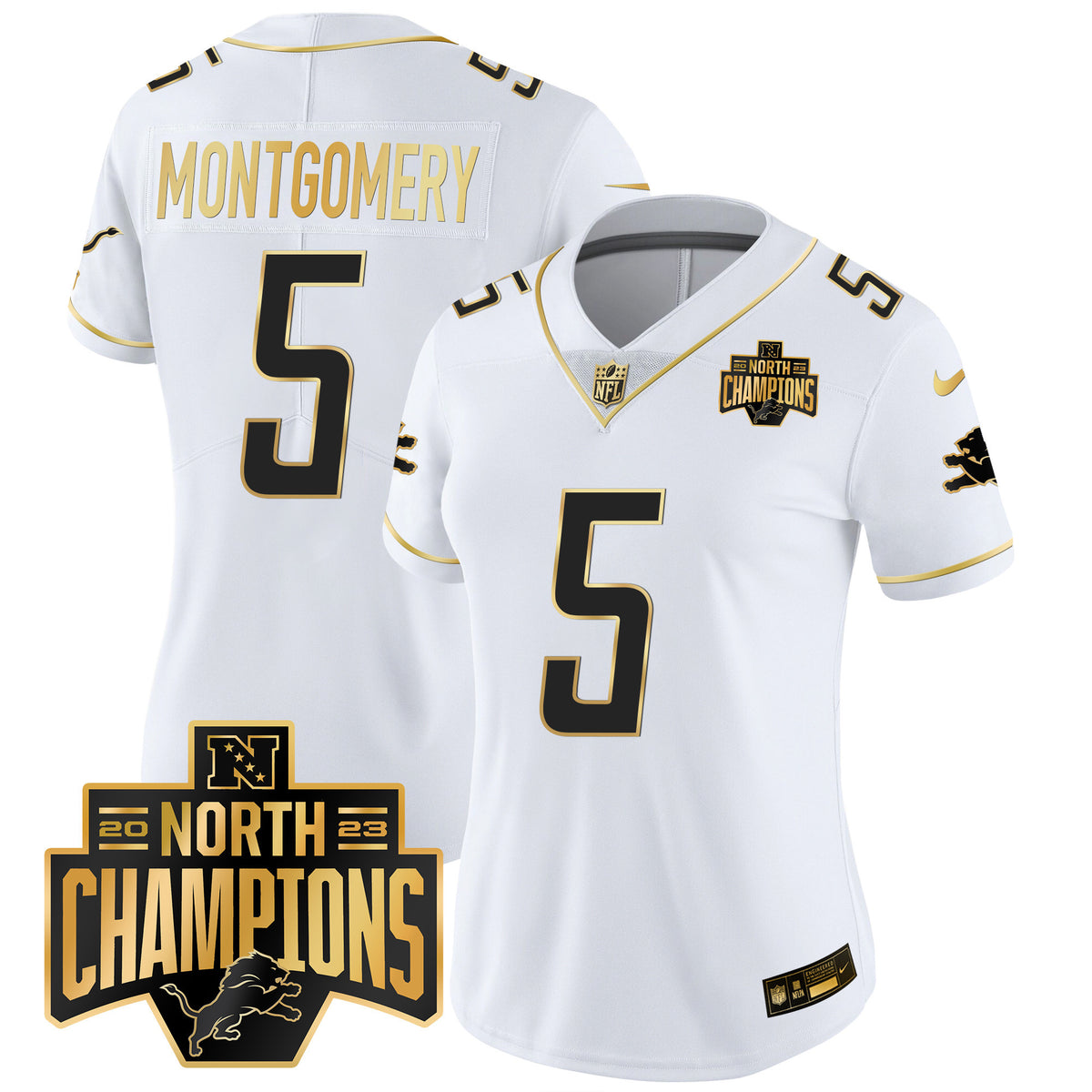 Women's Detroit Lions 2023 NFC North Division Champions Patch Vapor Gold Jersey - All Stitched - White Gold - David Montgomery — view 1