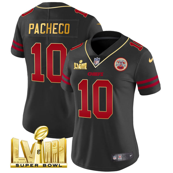 Women's Chiefs Super Bowl LVIII Gold Patch Vapor Jersey - All Stitched - Gold Trim - Isiah Pacheco — view 1