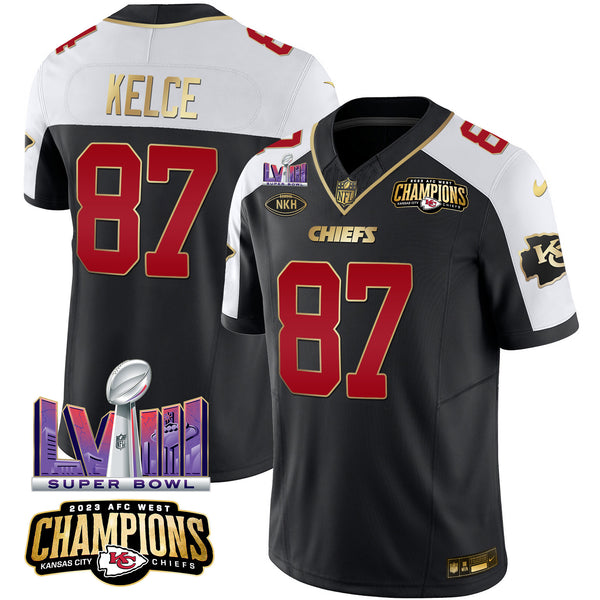 Men's Chiefs AFC West Champions & Super Bowl LVIII Patch Vapor Jersey - All Stitched - Black Alternate - Travis Kelce — view 1