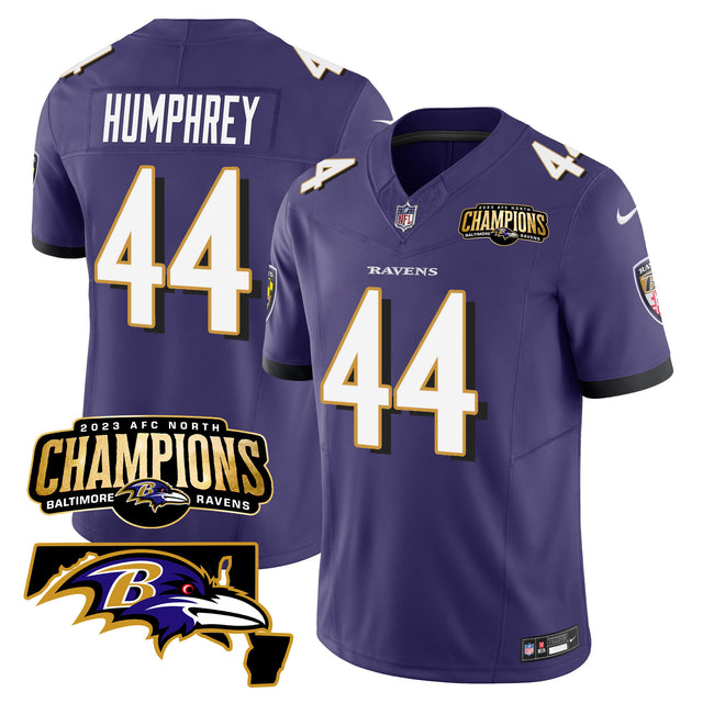 Men's Ravens 2023 AFC North Champions & Maryland Patch Vapor Jersey - All Stitched - Purple - Marlon Humphrey — view 1