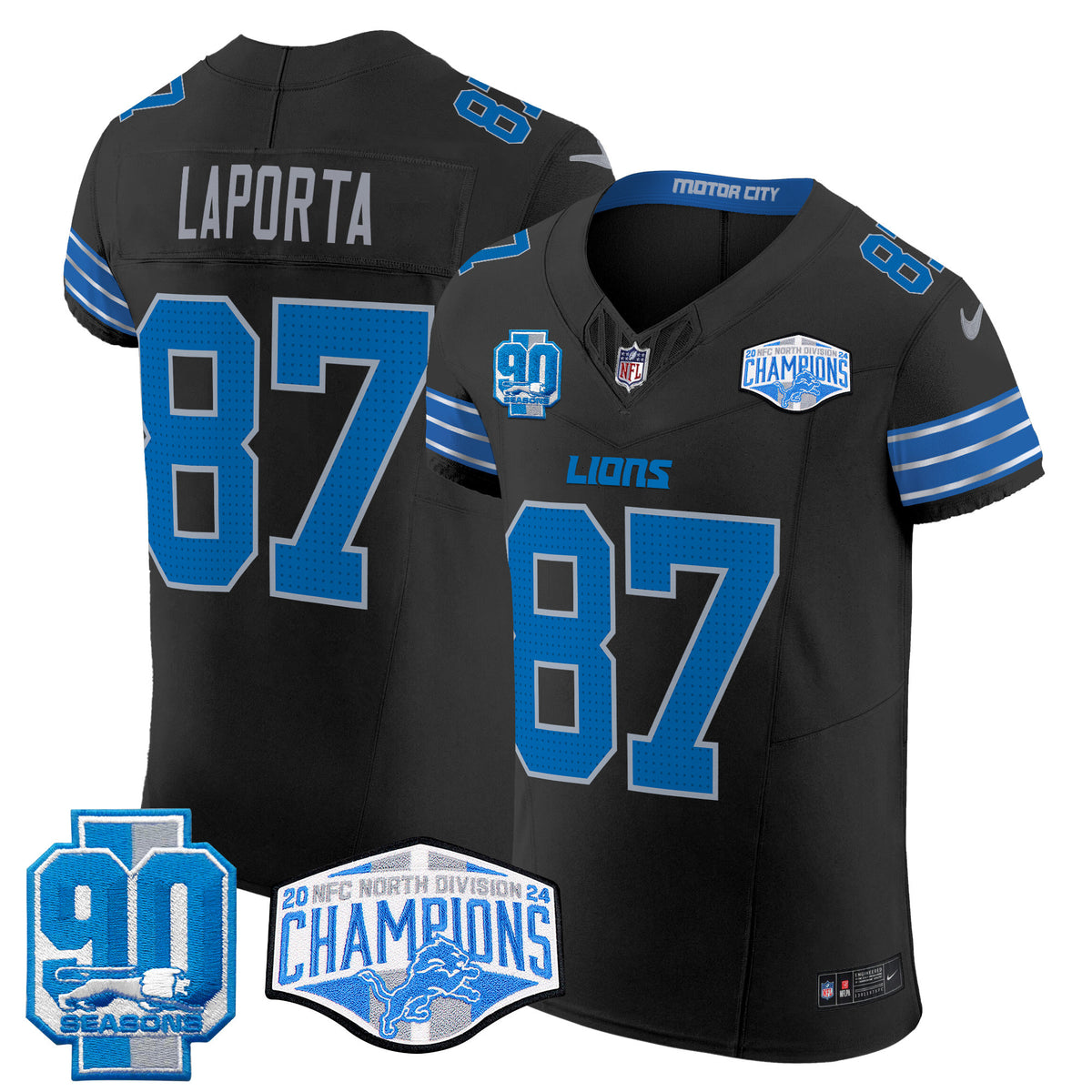 Men's Detroit Lions 2024 NFC North Division Champions Patch Vapor Elite Jersey - All Stitched - Black - Sam Laporta — view 1