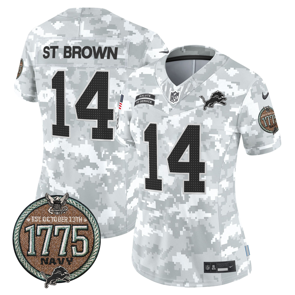 Women's Detroit Lions 2024 Salute to Service Establishment Year Patch Vapor Limited Jersey - All Stitched - Navy - St. Brown — view 1