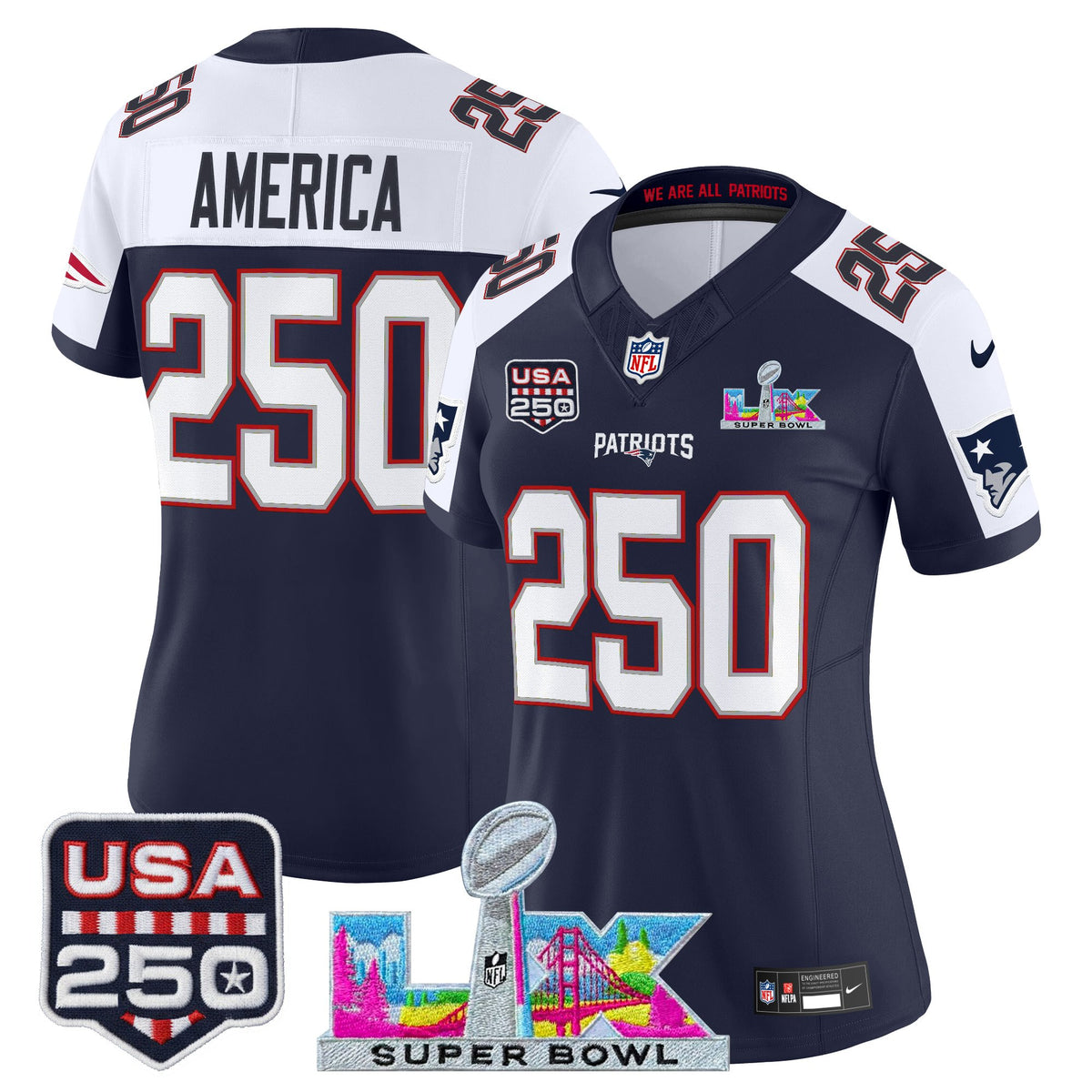 Women's New England Patriots Super Bowl LX & United States 250th Anniversary Patch Vapor Limited Jersey - All Stitched - Navy Alternate - #250 America — view 1