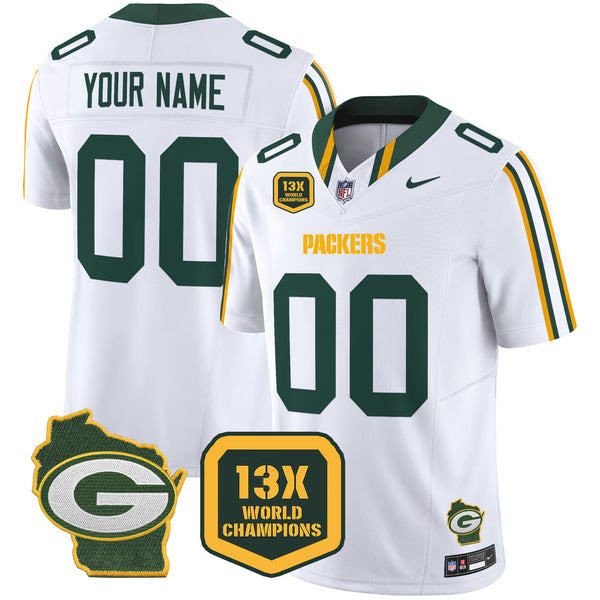 Packers 13 Time World Champions & Home Patch Vapor Limited Custom Jersey – All Stitched - White — view 1