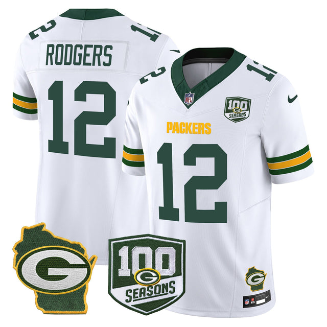 Men's Green Bay Packers 100th Season & Home Patch Vapor Limited Jersey - All Stitched - White - Aaron Rodgers — view 1