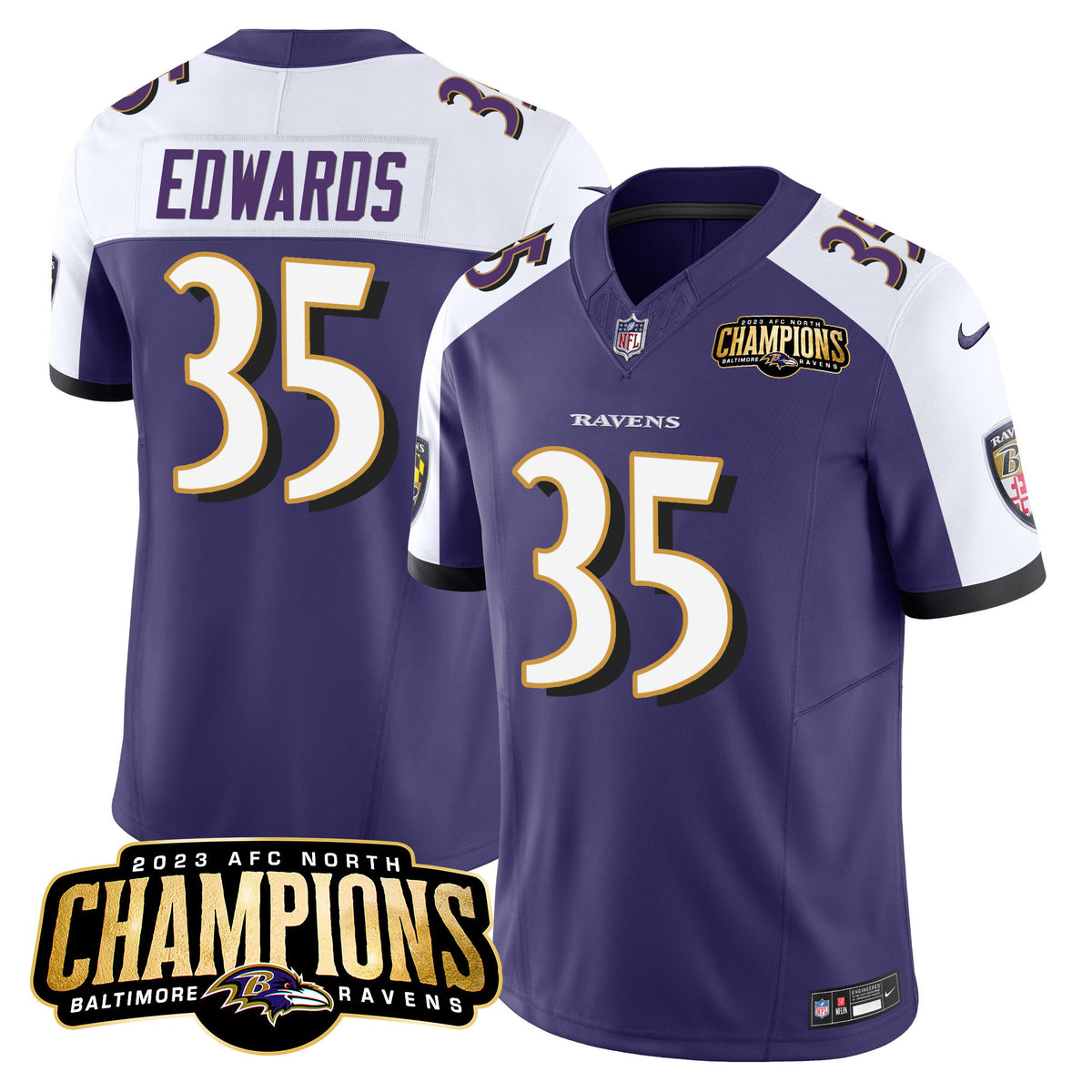 Men's Ravens 2023 AFC North Champions Patch Vapor Limited Jersey - All Stitched - Purple Alternate - Gus Edwards — view 1
