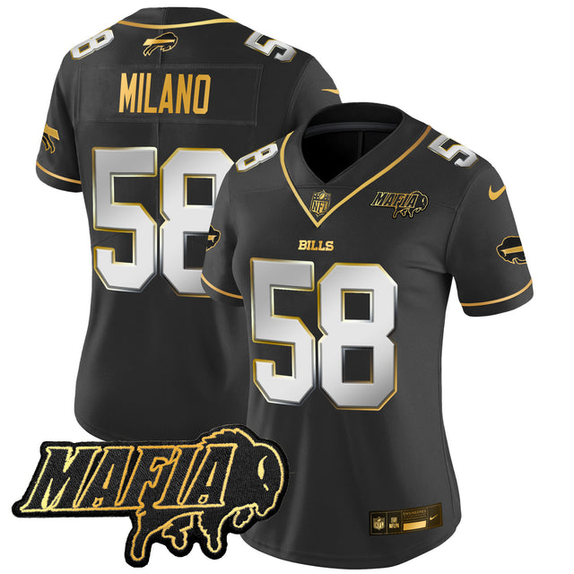 Women's Buffalo Bills 2025 Bills Mafia Patch Gold Vapor Limited Jersey - All Stitched - Black Limited - Matt Milano — view 1
