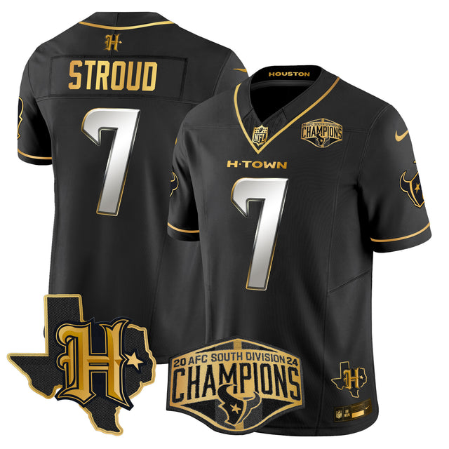 Men's Houston Texans 2024 AFC South Division Champions Patch Gold Vapor Limited Jersey - All Stitched - Black Limited - C.J. Stroud — view 1