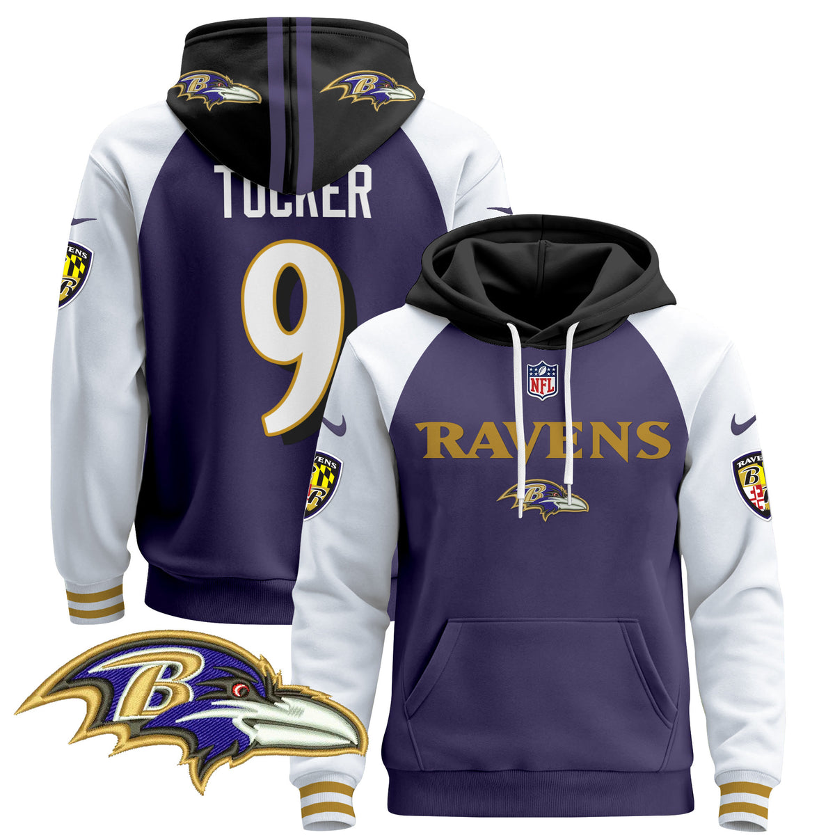 Men's Baltimore Ravens 2024 Pullover Hoodie V3 - All Stitched - Purple Alternate - Justin Tucker — view 1