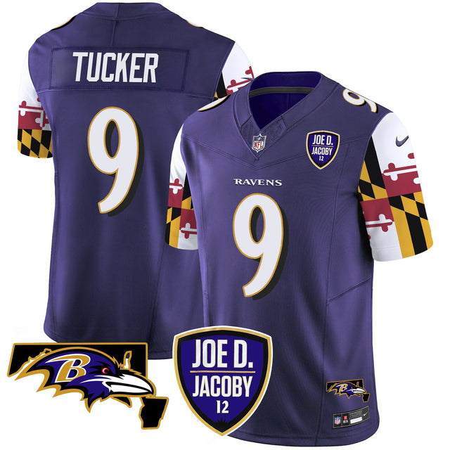 Men's Ravens Joe D & Jacoby Patch Vapor Limited Jersey V2 - All Stitched - Purple - Justin Tucker — view 1