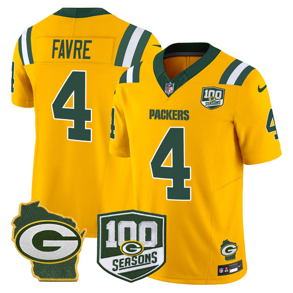 Men's Packers 100th Season & Home Patch Vapor Limited Jersey - All Stitched - Gold - Brett Favre — view 1
