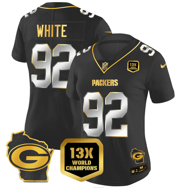 Women's Packers 13 Time World Champions & Home Patch Gold Vapor Jersey – All Stitched - Black Limited - Reggie White — view 1