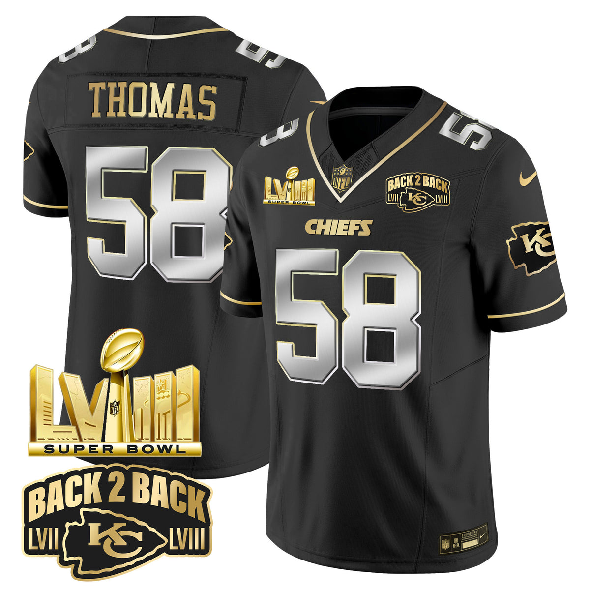 Men's Chiefs Super Bowl LVIII & Back 2 Back Gold Patch Vapor Jersey V2 - All Stitched - Black Limited - Derrick Thomas — view 1