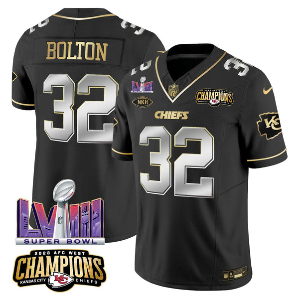 Men's Chiefs AFC West Champions & Super Bowl LVIII Patch Vapor Jersey V2 - All Stitched - Black Limited - Nick Bolton — view 1