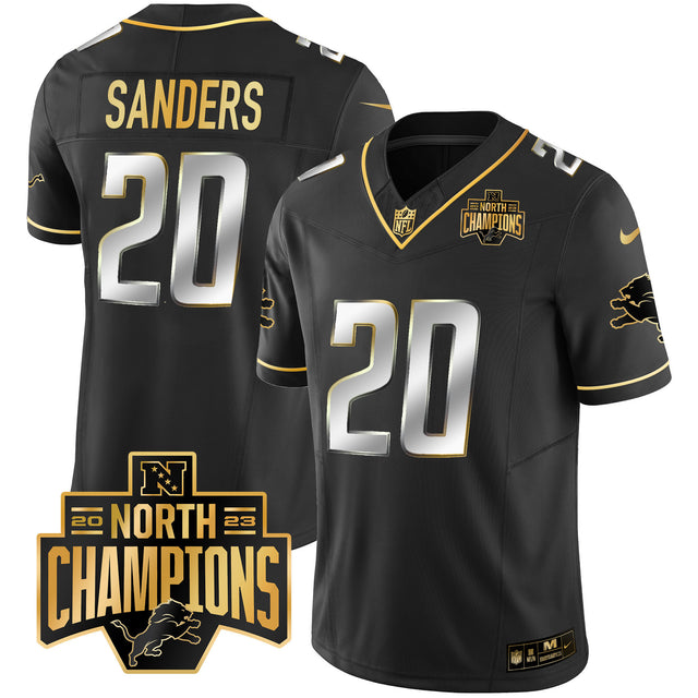 Men's Detroit Lions 2023 NFC North Division Champions Patch Vapor Gold Jersey - All Stitched - Black Limited - Barry Sanders — view 1