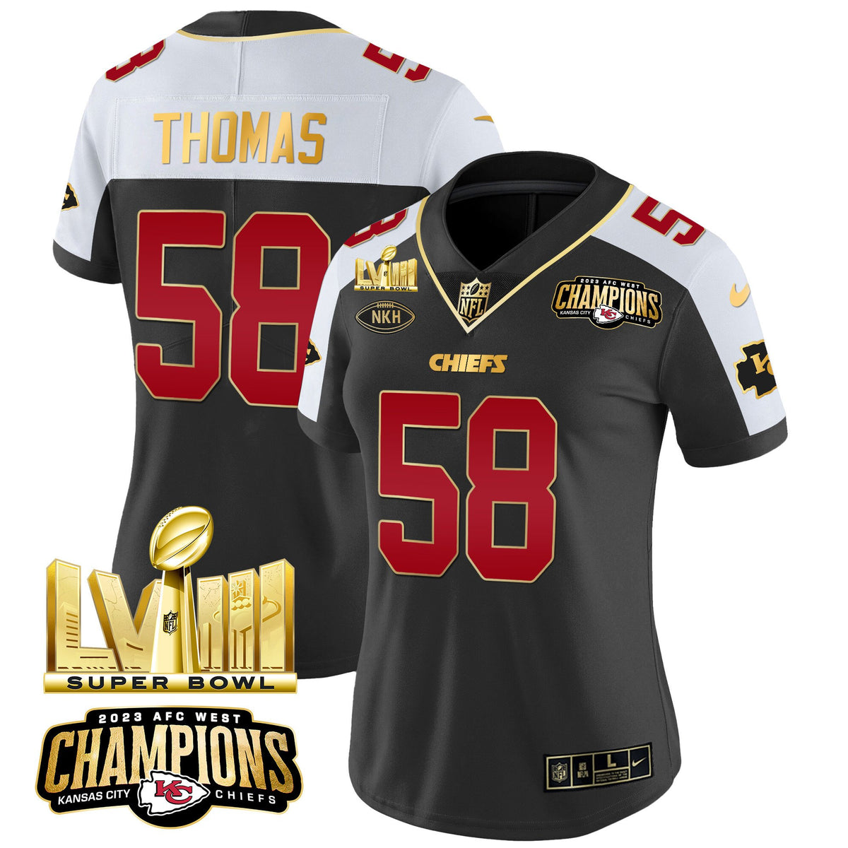 Women's Chiefs AFC West Champions & Super Bowl LVIII Gold Patch Vapor Jersey - All Stitched - Black Alternate - Derrick Thomas — view 1