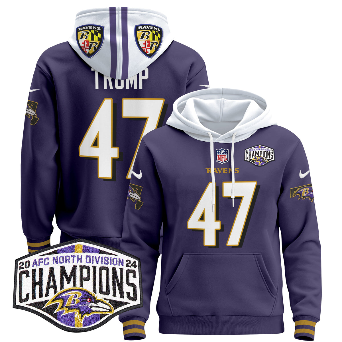Men's Baltimore Ravens 2024 AFC North Division Champions Patch Pullover Hoodie V2 - All Stitched - Purple - Donald Trump — view 1