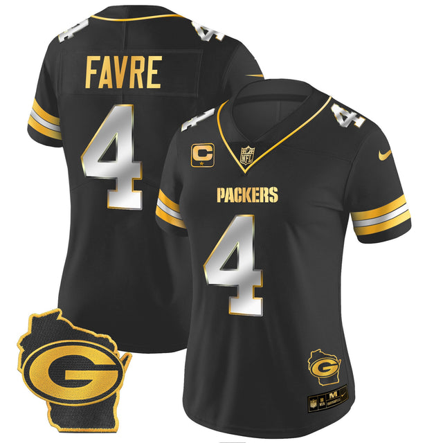 Women's Packers Home Patch Gold Vapor Jersey - All Stitched - Black Limited - Brett Favre — view 1