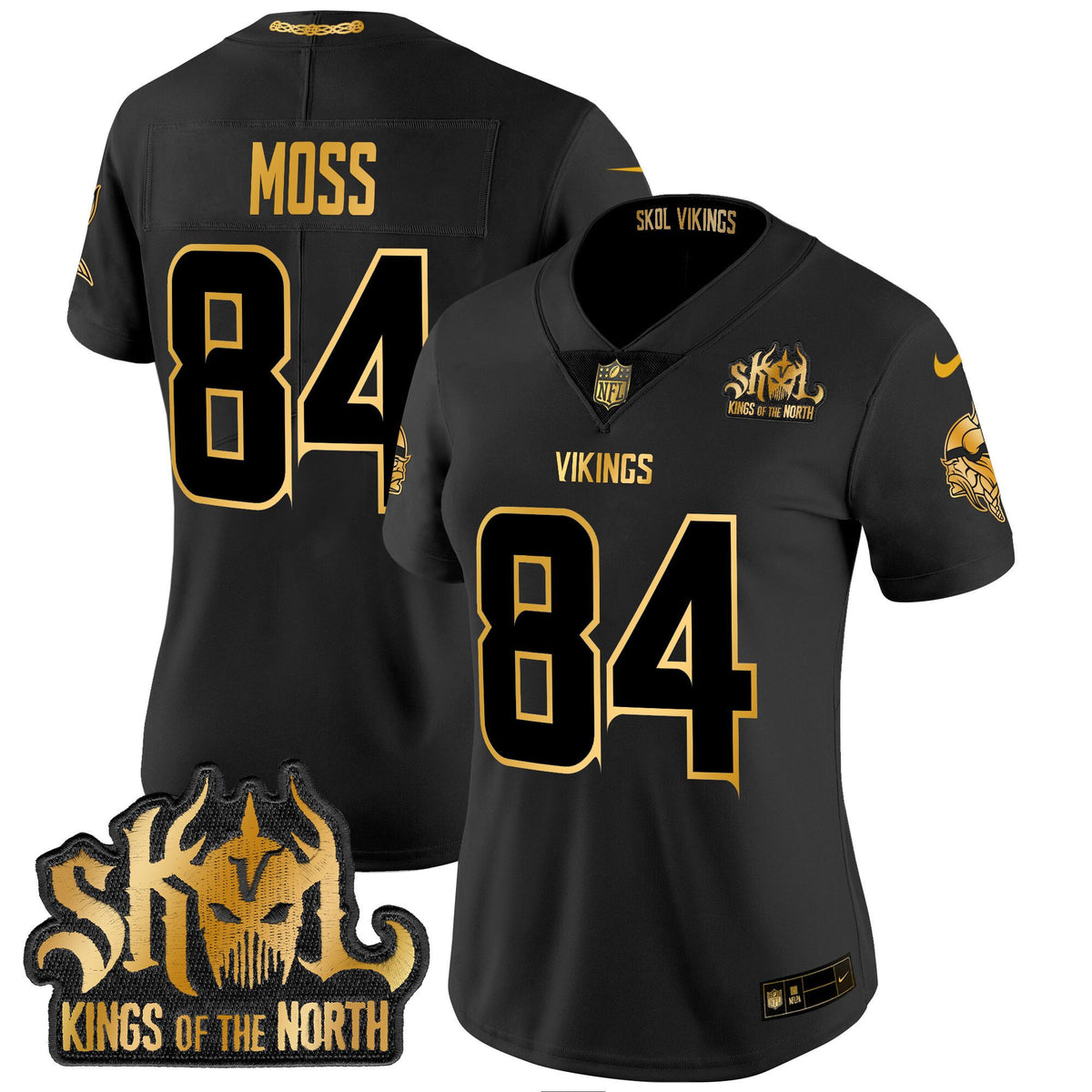 Women's Minnesota Vikings 2024 Winter Warrior Skol Patch Gold Vapor Limited Jersey - All Stitched - Black Gold - Randy Moss — view 1