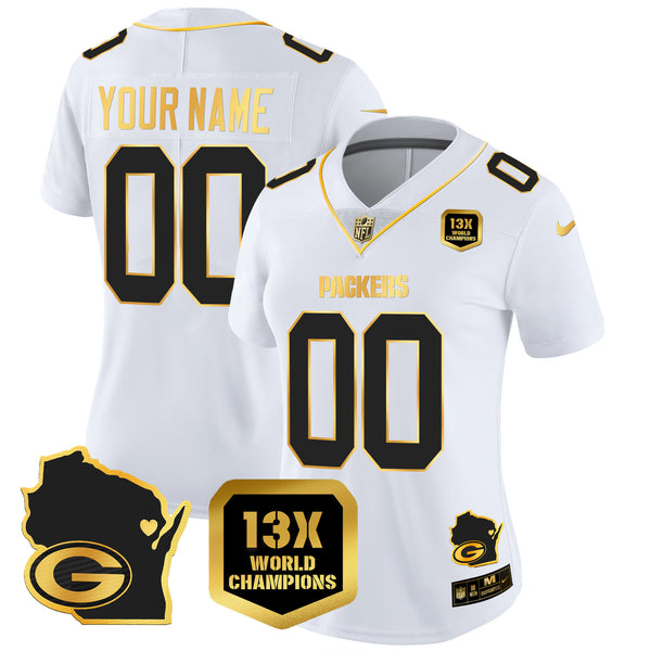 Packers 13 Time World Champions & Home Patch Gold Vapor Jersey V2 – All Stitched - White Gold — view 1