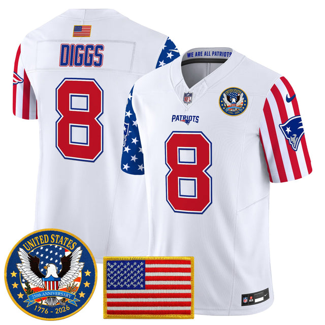 Men's New England Patriots America250 Edition Vapor Limited Jersey - All Stitched - White - Stefon Diggs — view 1