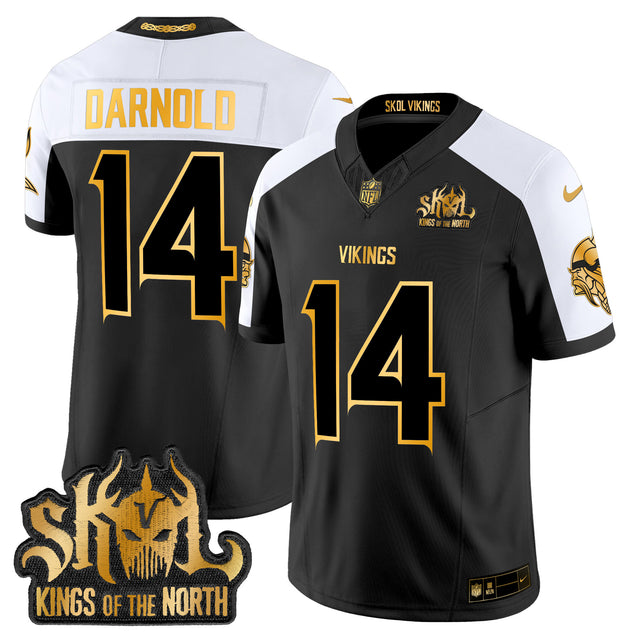 Men's Minnesota Vikings 2024 Winter Warrior Skol Patch Gold Vapor Limited Jersey - All Stitched - Alternate - Sam Darnold — view 1