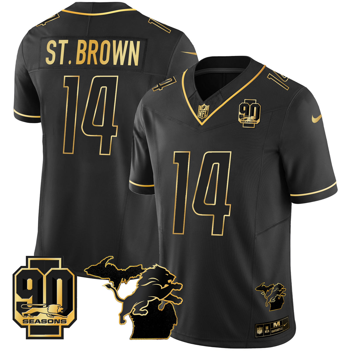 Men's Detroit Lions 90th Year & Michigan Patch Gold Vapor Jersey - All Stitched - Black Gold - St. Brown — view 1