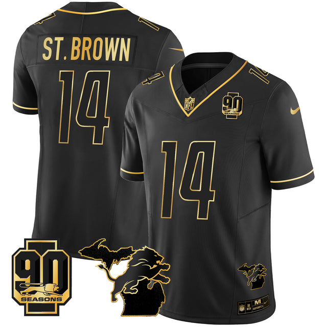 Men's Detroit Lions 90th Year & Michigan Patch Gold Vapor Jersey - All Stitched - Black Gold - St. Brown — view 1