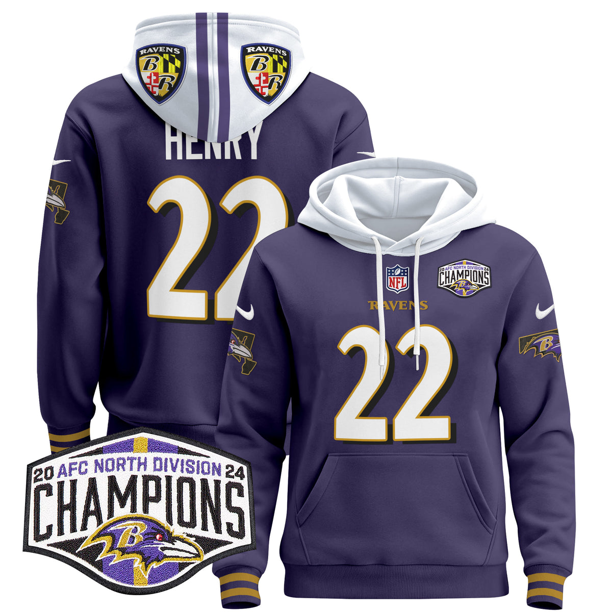Men's Baltimore Ravens 2024 AFC North Division Champions Patch Pullover Hoodie V2 - All Stitched - Purple - Derrick Henry — view 1